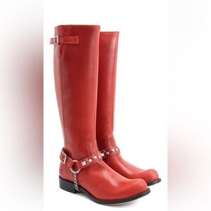 John Fluevog Adrians Agnes Red orange Leather Tall Harness Riding Boots Size 6